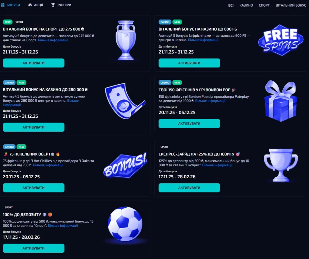 Сторінка бонусів та акцій в Allwin Casino